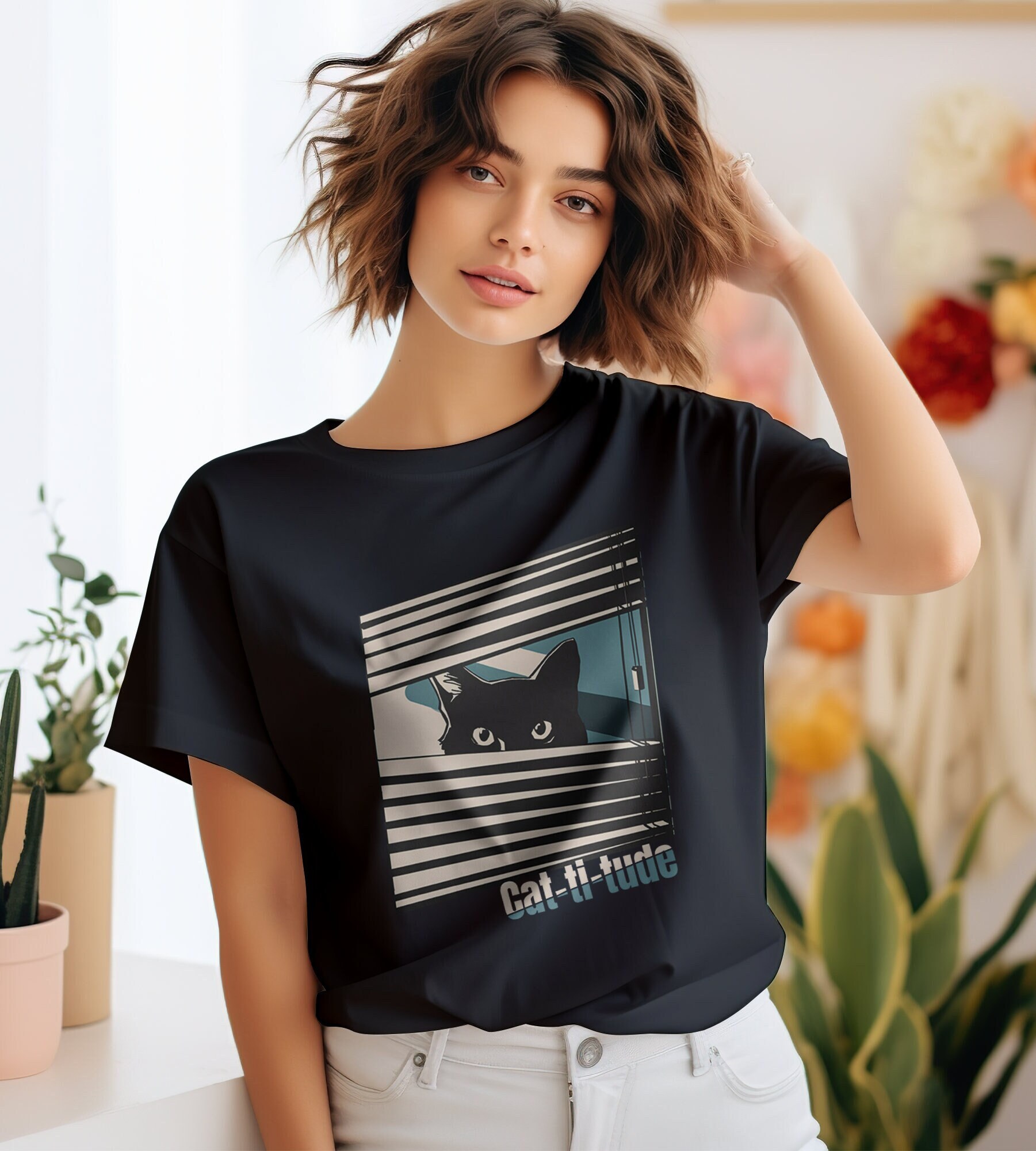 Peeking Cat Tshirt, Funny Black Shirt, Cat Lover Gifts, Peeking Cat, Retro Shirt, 70S Vintage T-Shirt von STstyleDesigns