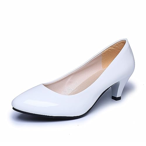 Damen Pumps Mit Kitten Heel, Sexy Niedrige Absätze 5 cm Absatzschuhe Geschlossene Pumps Mit Kleinem Absatz Elegant Brautschuhe Büro Heel Schuhe (Color : White, Size : 41 EU) von SUABON