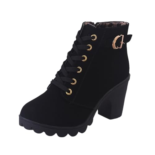 Damen-Schnürstiefeletten Mit Klobigem Absatz Und Seitlichem Reißverschluss (Color : Black, Size : 42 EU) von SUABON