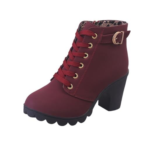Damen-Schnürstiefeletten Mit Klobigem Absatz Und Seitlichem Reißverschluss (Color : Red, Size : 39 EU) von SUABON