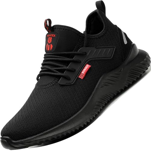 Sicherheitsschuhe Herren Arbeitsschuhe Damen Leicht Atmungsaktiv Stahlkappenschuhe Unisex Sneaker mit Stahlkappe Schwarz 48EU von SUADEX
