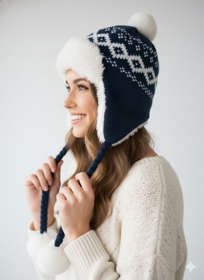 SUBLEVEL Bommelmütze Damen Norweger mit Kunstfell-Futter, Zopf-Kordeln & Ohrenklappen von SUBLEVEL