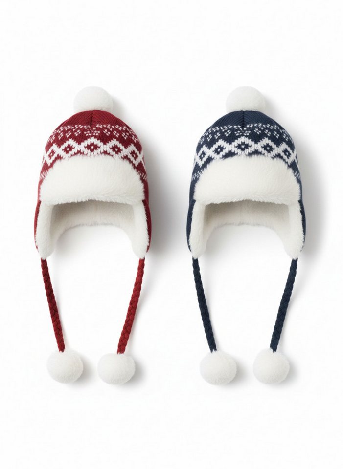 SUBLEVEL Bommelmütze Damen Norweger mit Kunstfell-Futter, Zopf-Kordeln & Ohrenklappen von SUBLEVEL