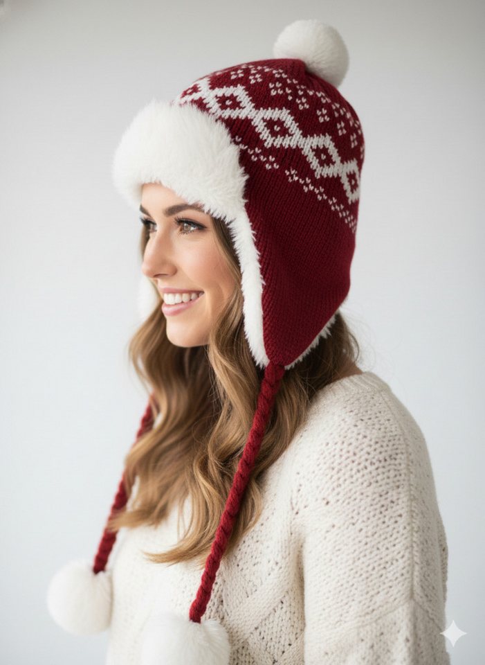 SUBLEVEL Bommelmütze Damen Norweger mit Kunstfell-Futter, Zopf-Kordeln & Ohrenklappen von SUBLEVEL