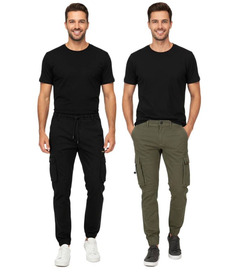 SUBLEVEL Herren Cargo-Hose elastischer Bund mit Kordelzug Baumwoll-Hose in Schwarz oder Grün von SUBLEVEL