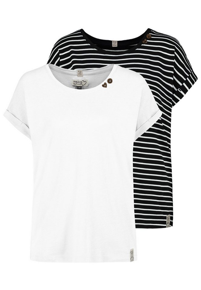 SUBLEVEL T-Shirt 2er Pack mit Herzknöpfen, Umschlagsaum, Labeldetails (2-tlg) D12041AH02460E_T-shirts von SUBLEVEL