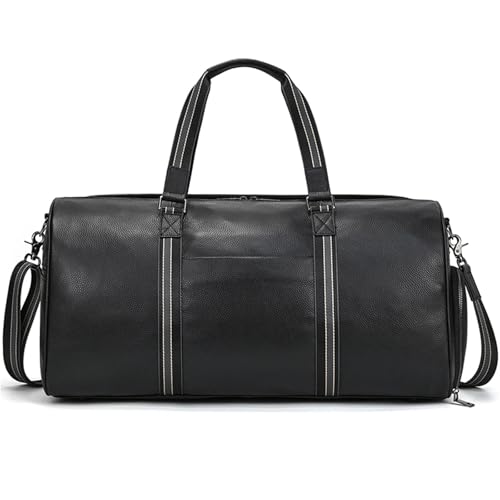 Große Weekender echt Leder Herren Reisetasche aus Rindsleder mit großer Kapazität, Reisehandtasche, Schwarze Wochenendtasche, Handgepäck, Fitnesstasche, Sporttasche(Big size-56cm) von SUBLXPoten