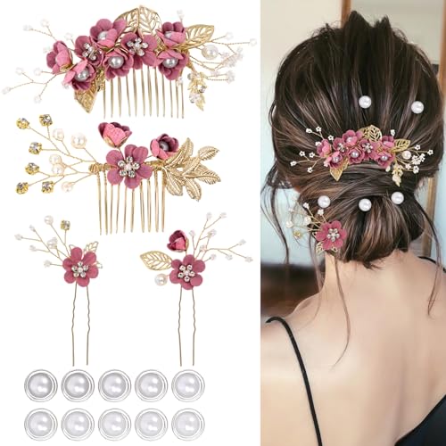 4er-Set Hochzeits-Haarschmuck für Damen, elegante Braut-Haarnadeln mit Blumenmotiven, 10 Spiralperlen-Haarnadeln für Bräute, Brautjungfern, Frauen und Mädchen (Rot) von SUBTAVIK