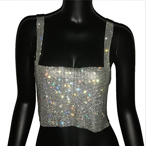 Bling Strass Party Crop Top Mode Solide Rückenfreie Träger Volle Diamanten Pailletten Cami Cropped Top für Damen-Silber,L von SUBX
