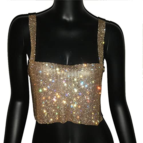 Bling Strass Party Crop Top Mode Solide Rückenfreie Träger Volle Diamanten Pailletten Cami Cropped Top für Frauen-Gold,M von SUBX
