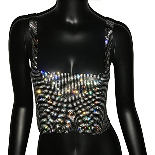 Bling Strass Party Crop Top Mode Solide Rückenfreie Träger Volle Diamanten Pailletten Cami Cropped Top für Frauen-Schwarz,M von SUBX