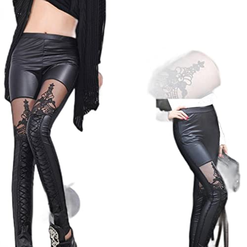Hohe Qualität Großhandel Punk Schwarz Kunstleder Gothic Spitze Bein Frauen Bandage Lace Up Leggings Hohe Qualität Slim Lace Leggings-schwarz,M von SUBX