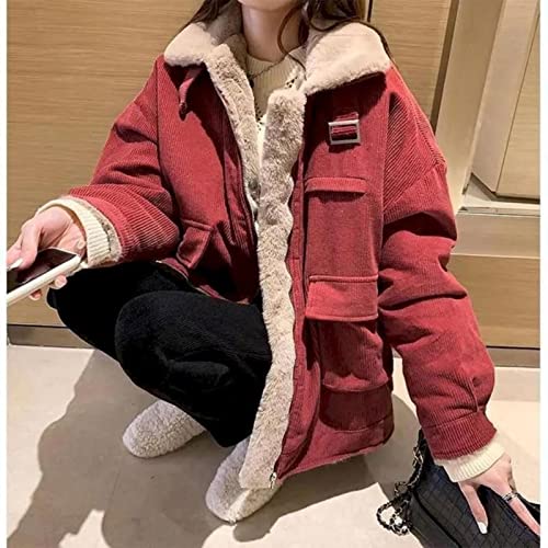 SUBX 2022 Neue Wintermantel Frauen Koreanische Lose Wilde Reißverschluss Cord Lammwolle Jacke Verdicken Warme Werkzeuge Baumwolle Jacken Damen Parkas-Rot,M 45kg-52kg von SUBX
