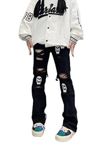 SUBX New Grunge Retro Schwarze Jeanshose Aushöhlen 80er Ästhetische Vintage Gothic Streetwear Totenkopf Blau Distressed Denim Hose-Schwarz,XXXL von SUBX