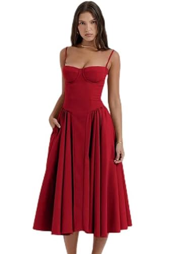Sommer neues französisches Vintage-Langkleid im Gerichtsstil Dopamin mit Unterkleid für Damen-Rot-M von SUBX