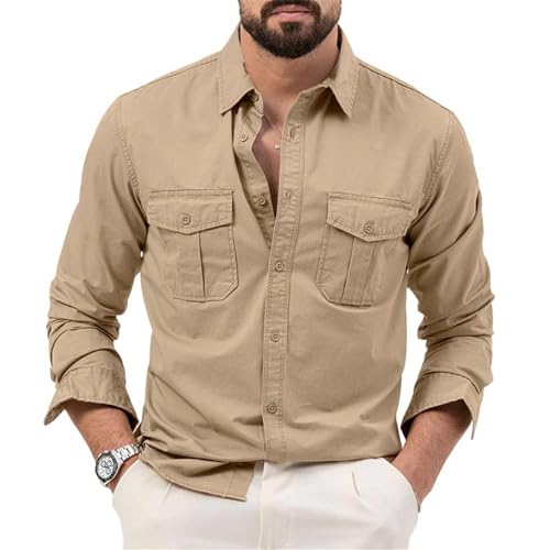 Langarm Hemd Herren Retro Einfarbig Verschleißfest Outdoorhemd Regular Fit Mit Taschen Safari Hemd Frühling Casual Hemd Herren A-Khaki XL von SUCADA