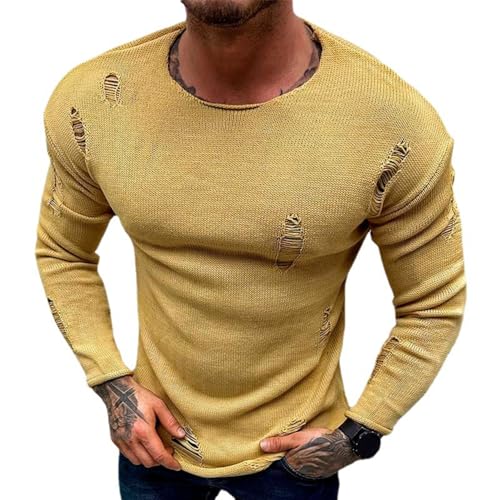 SUCADA Basic Pullover Herren Trend Loch Design Strickpullover Stretch Slim Fit Pulli Männer Komfortabel Warm Einfarbig Langarm Pullover Für Männer C-Yellow M von SUCADA