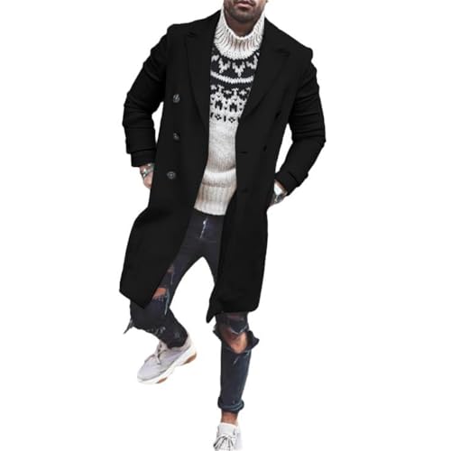 SUCADA Tweed-Mantel Herren Mittlere Länge Casual Mantel Revers Zweireiher Wolljacke Regular Fit Einfarbig Mantel Frühling Übergangsjacke Herren A-Black 3XL von SUCADA