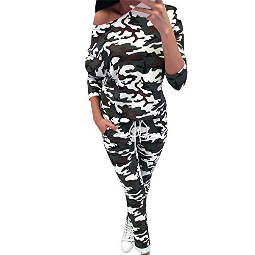 SUCES Damen Weich Bequem Langarm Pullover + Hosen Sweatshirt Frauen Sexy Schulterfrei O-Ausschnitt Sport Set Camouflage Leopard Bedrucktes Lose Langarm Yoga Änzuge(Tarnung,XL) von SUCES