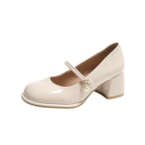 Frauen Beige Mary Jane Schuhe Fee Dicke hochhackige Absätze Temperament Cheongsam Fee Schuhe Sanfte Brautjungfer Kleine Lederschuhe von SUCHETA