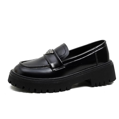 Frauen Plattform Loafers Runde Zehe Schwarz Leder Schuhe Bequem Mitte Heel Muffin Schuhe Frühling Sommer Mode Einzelne Schuhe von SUCHETA