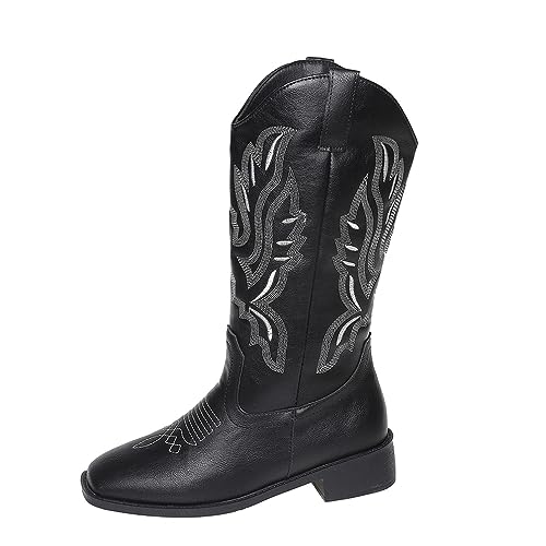 Komfortable Chunky Heel Western Cowboy Stiefel Frauen V Mund Stickerei Ärmel Reiter Stiefel Vintage Soft Leder Tall Square Toe Riding Stiefel von SUCHETA