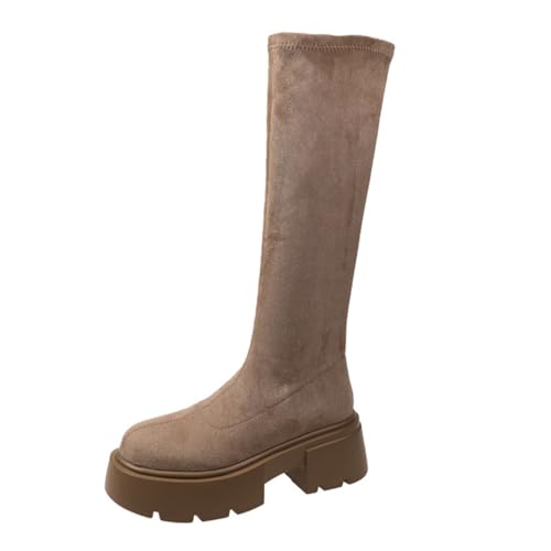 Mode Stiefel Erhöhung Höhe dicken Boden elastische dünne Stiefel Frauen Herbst und Winter hohe Wildleder Ritter Stiefel Retro England Stil Frau Stiefel von SUCHETA