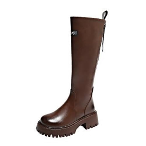 SUCHETA Braune Stiefel Lange Stiefel Dicker Boden Lange Ritterstiefel Damen Herbst und Winter Mode Retro Klotzige Ferse Runde Zehe Lederstiefel von SUCHETA