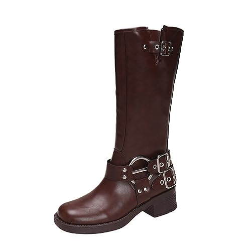 SUCHETA Cowboy Vintage Western Frau Stiefel weiches Leder klobige Ferse Oberschenkel hohe Stiefel runde Zehe Gürtelschnalle Ärmel Herbst Winter Reiter Stiefel von SUCHETA