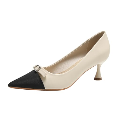 SUCHETA Damen Beige Hochhackige Schleife Temperament Einzelne Schuhe Französisch Pointed Court Schuhe Leder Schuhe Sanft Süße Fee Schuhe Hundert mit Kleidern von SUCHETA