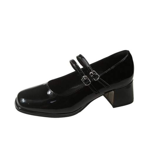 SUCHETA Damen Rot Chunky Heels Doppeltes Schnallenband Mittlerer Absatz Mary Jane Schuhe Britischer Stil Mode Kleine Lederschuhe Weicher Boden Schlichter Mund Einzelne Schuhe von SUCHETA