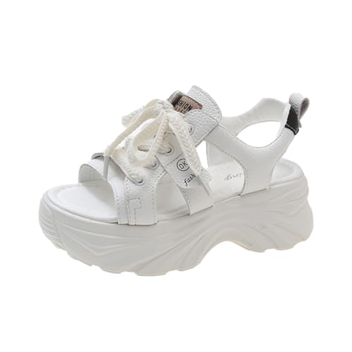 SUCHETA Damen Solid Farbe Runde Kopf Lace-up Muffin Dicke Boden Sport Stil Sandalen Casual Mode rutschfest tragen hochhackige Strandschuhe von SUCHETA