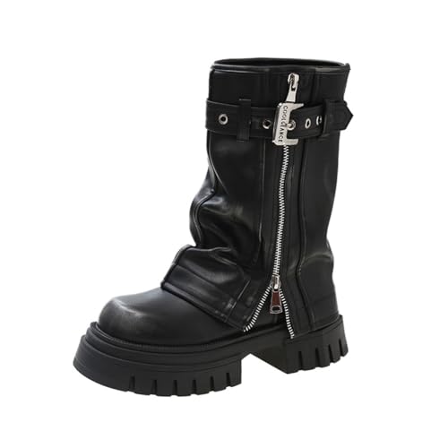 SUCHETA Damenstiefel Herbst und Winter Retro-Ritterstiefel Runder Kopf Dicker Boden Kurze Stiefel Lässige Biker-Stiefel Westernstiefel von SUCHETA