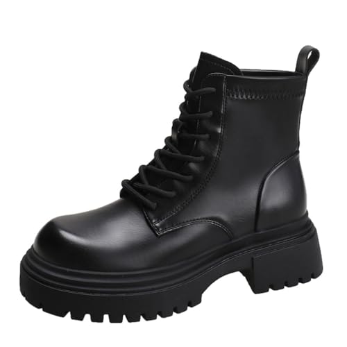 SUCHETA Dicker Boden Erhöhung Motorradstiefel Damen Herbst und Winter British Style Kurze Stiefel Mode Schnürung Lederstiefel Dick mit Einzelne Stiefel von SUCHETA