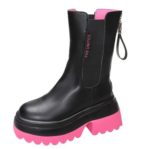 SUCHETA Erhöhte Höhe Dicker Boden Lederstiefel Herbst und Winter Dicker Absatz Runder Kopf Mid-calf Stiefel Frau Mode Kurze Stiefel Freizeit Chelsea Stiefel von SUCHETA