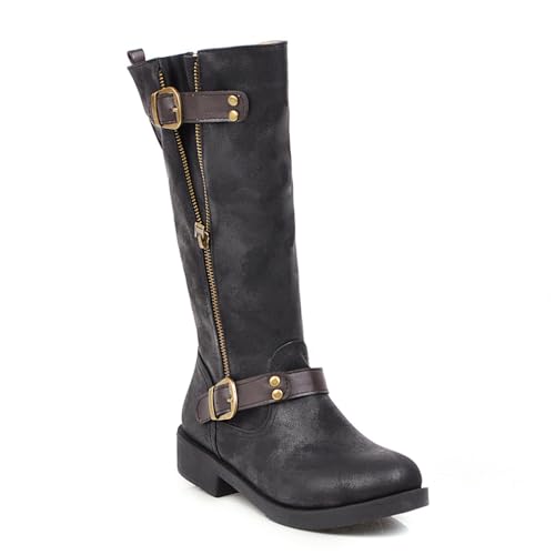 Gürtelschnalle Niedriger Absatz Leder Mittlere Wadenstiefel Chunky Heel Mittlere Wadenstiefel Reißverschluss Chelsea Boots Runder Kopf Retro Mode Frauen Lederstiefel Herbst und Winter von SUCHETA