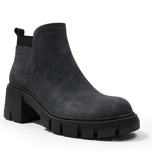 Herbst und Winter Dicker Boden und Knöchelstiefel Chunky Absatz Hochhackige Kurze Stiefel Frauen Runder Kopf Britischer Stil Chelsea Stiefel Niedrige Frauenstiefel Wanderstiefel von SUCHETA