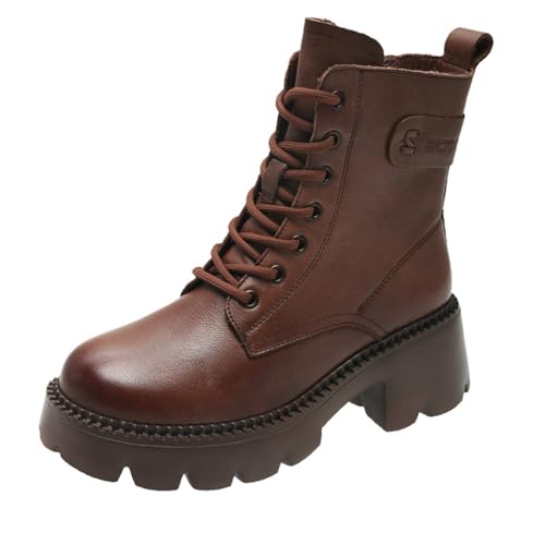 SUCHETA Kurze Damenstiefel mit rundem Kopf zum Schnüren und Knöchelstiefel Retro mit dickem Boden aus weichem Leder Kurze Freizeitstiefel Herbst und Winter Warme Lederstiefel von SUCHETA
