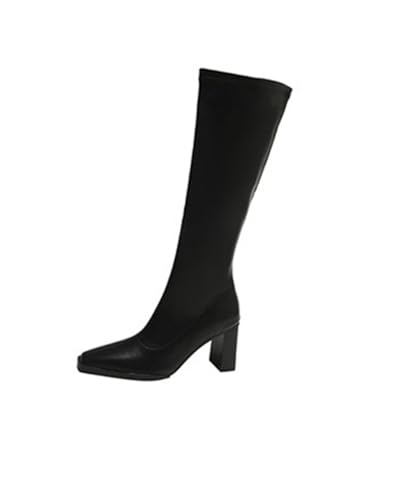 SUCHETA Lange kniehohe Damenstiefel Seitenreißverschluss Mode Zigarettenstiefel Damen Schwarz Hoher Absatz Herbst und Winter Square Head Lederstiefel von SUCHETA