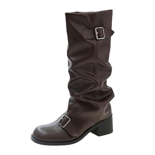 SUCHETA Vintage Western Cowboystiefel Damen Runder Kopf Dicker Absatz Mittlere Wadenstiefel Herbst und Winter Gürtelschnalle Hoch Aber Kniehoch Ritterstiefel von SUCHETA