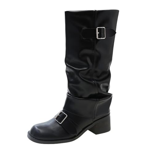 SUCHETA Vintage Western Cowboystiefel Damen Runder Kopf Dicker Absatz Mittlere Wadenstiefel Herbst und Winter Gürtelschnalle Hoch Aber Kniehoch Ritterstiefel von SUCHETA