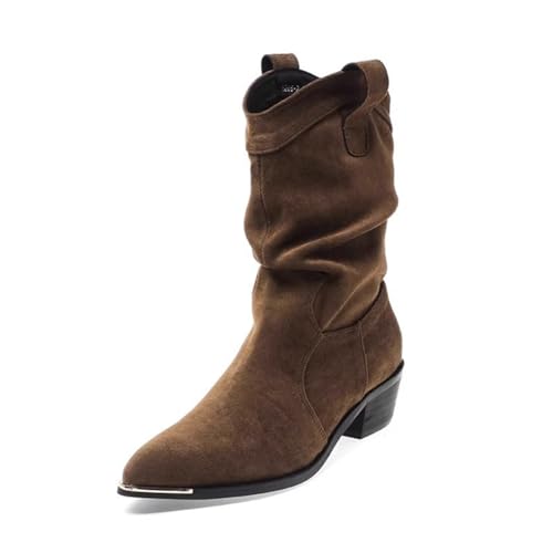 SUCHETA Wildleder Western Cowboystiefel Spitzkopf Weiche Lederstiefel Damen Herbst und Winter Retro Dick mit Mid-Calf Stiefel Bequeme Mode Stiefel von SUCHETA