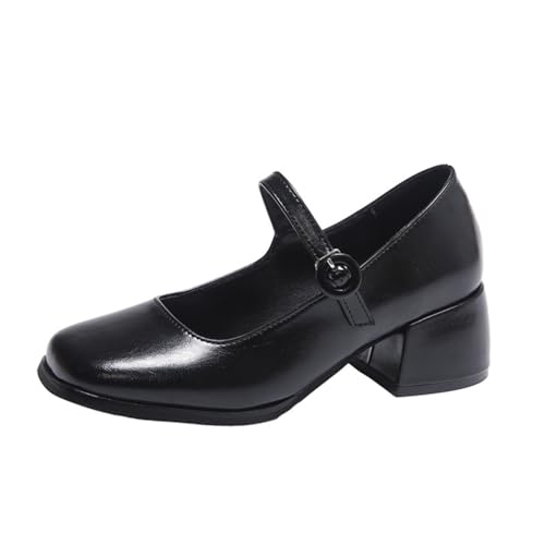 Silberne Frauen Mary Jane Schuhe Raue mit Retro mit Rock Hohe Absätze Quadratischer Kopf Flacher Mund Einzelne Schuhe Mode Temperament Lederschuhe von SUCHETA
