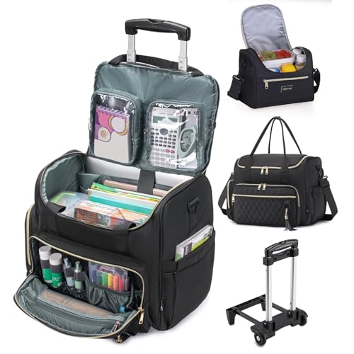 SUCIKORIO Laptoptasche mit Rollen, 43,8 cm (17,3 Zoll), mit isolierter Lunchtasche, 3-in-1, Roll-Aktentasche für Damen, wasserdichte Lehrer-Tragetasche mit Rädern mit abnehmbarem Trolley für Büro, Uni von SUCIKORIO
