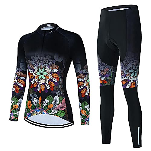 Damen Radbekleidung Set Langarm Rennrad Shirt Radtrikot Fahrradhose mit Gel gepolstert, Ai05, L von SUDU SUDO