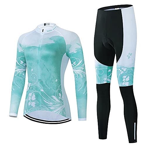 Damen Radbekleidung Set Langarm Rennrad Shirt Radtrikot Fahrradhose mit Gel gepolstert, Ai22, XL von SUDU SUDO