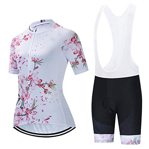 Damen Radbekleidung Set Rennrad Shirts Kurzarm Atmungsaktiv Radtrikot mit 20D Gepolsterte Trägerhose, Ls0004, Medium von SUDU SUDO