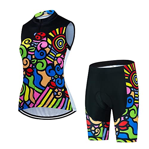 Damen Radtrikot Set Ärmellos Bike Shirts Fahrradweste Shorts Fahrradbekleidung Kurz mit Gel gepolstert, Be08, Groß von SUDUSUDO