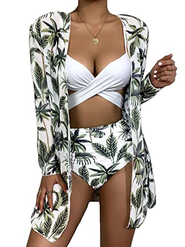 SUDUSUDO Damen Bikini Set, 3 in 1 Bikini Sets mit Push up Badeanzug, Badehose und Tülloberteil, Bequemer und Sexy Bikini mit Prints, M von SUDUSUDO