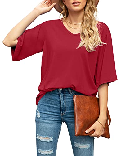 SUEANI Damen Bluse Tops Lose V-Ausschnitt 3/4 Glockenärmel Shirt, A-Rot, X-Groß von SUEANI